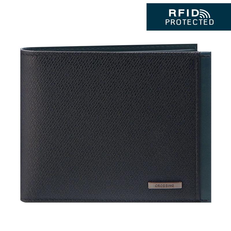 Crossing Modish Bi-fold Leather Wallet With Coin Pouch RFID - Black/Teal