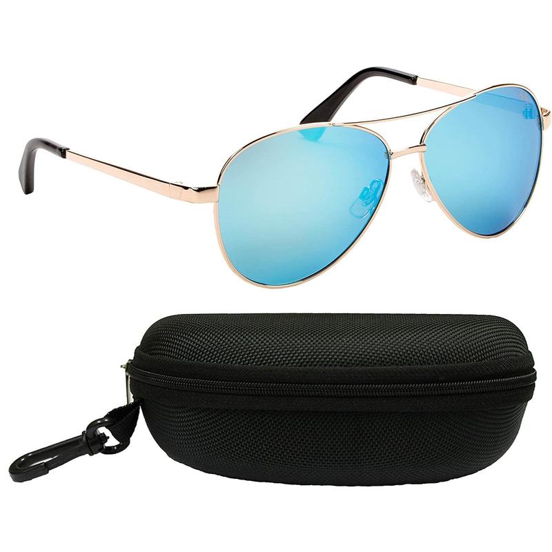 Strike King SK Plus Flyer Sunglasses - Shiny Gold Frame, Multi-Layer White/Blue Mirror Gray Base Lens