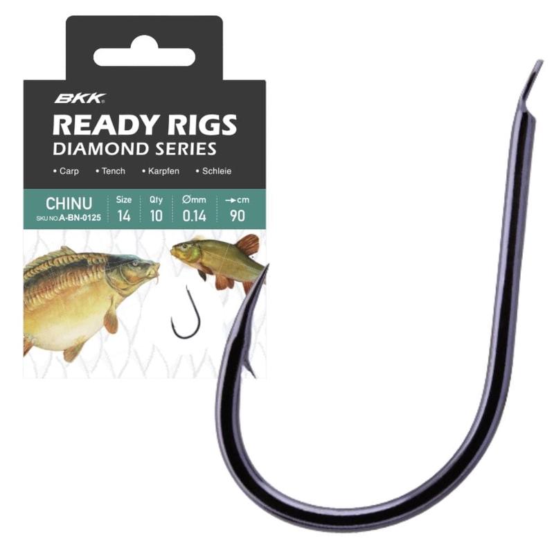 BKK Coarse Snelled Hooks Diamond Ready Rig - Chinu Black Nickel 10pcs