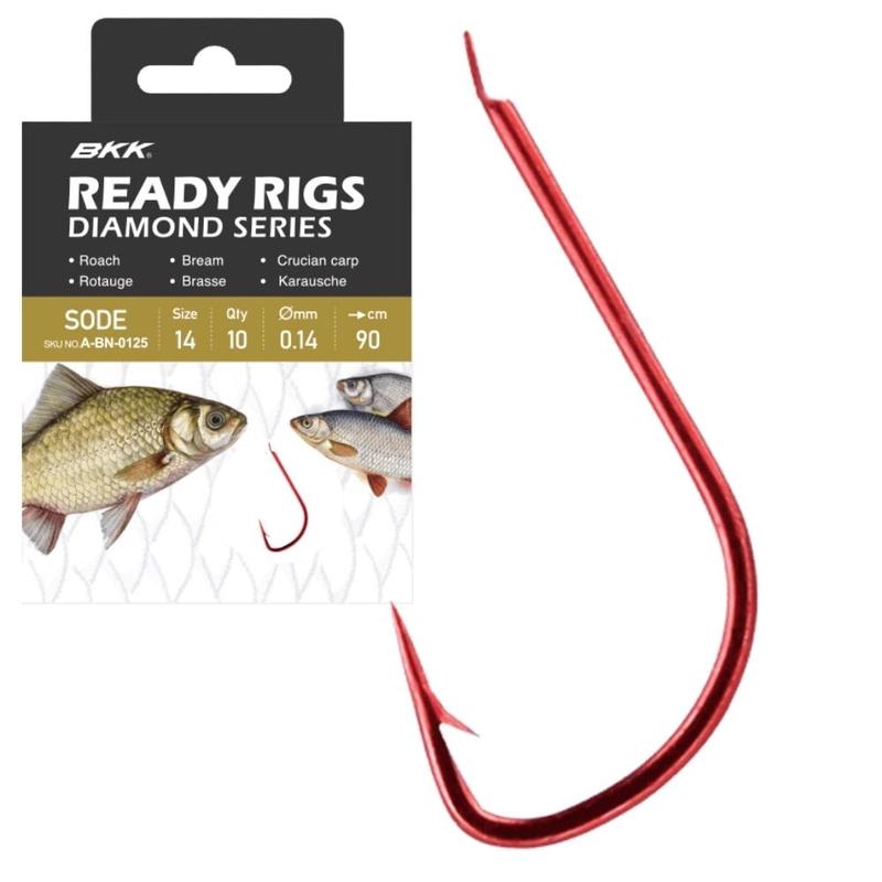 BKK Coarse Snelled Hooks Diamond Ready Rig - Sode Red 10pcs